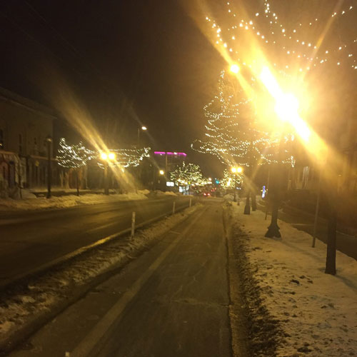 snowy city street with a protected bike lane and lights decorating the trees