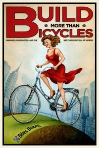 Poster wiillustration of a characture woman in red skirt riding a bike