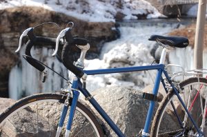 bike against frozen minnehaha falls