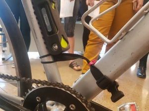 close up of bike frame with tools attached