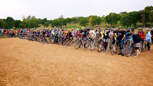 many cyclists lined up at race start