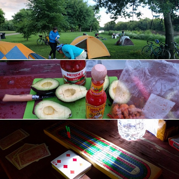 setting up camp, avacado and other snacks, cribbage board