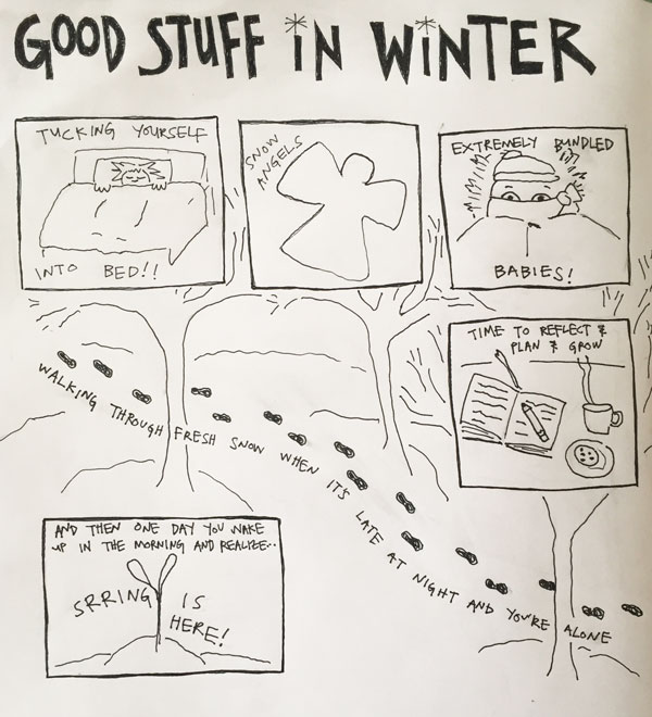 Illustration of winter activites and a journey through it to spring
