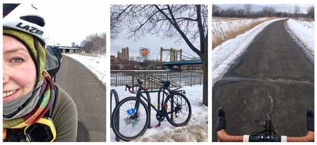 winter bike rider, path in a winter scene, bike path